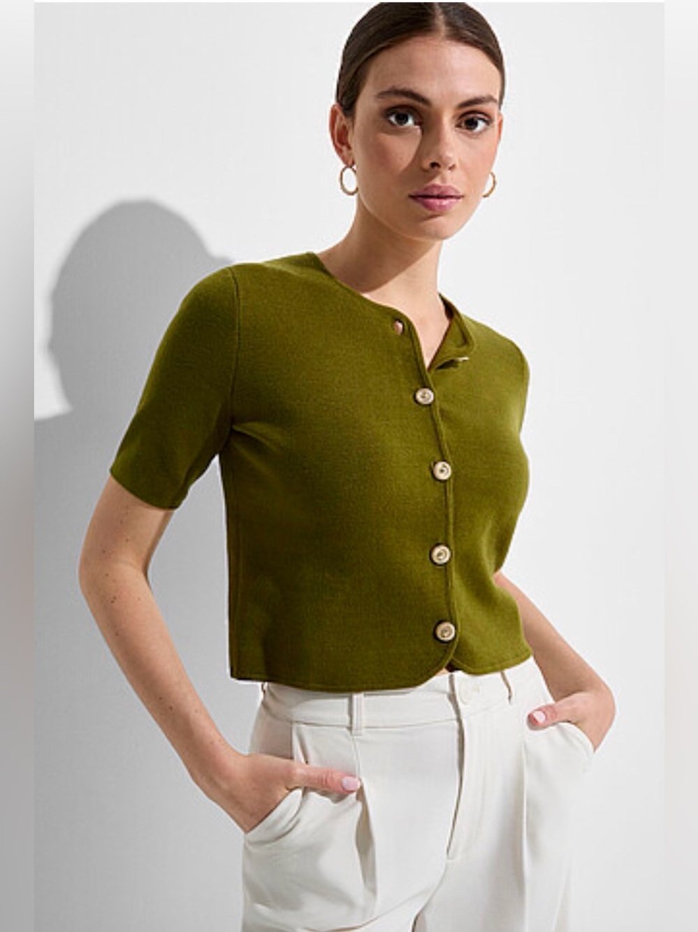 Olive Green Short-Sleeve Gold Button Cardigan